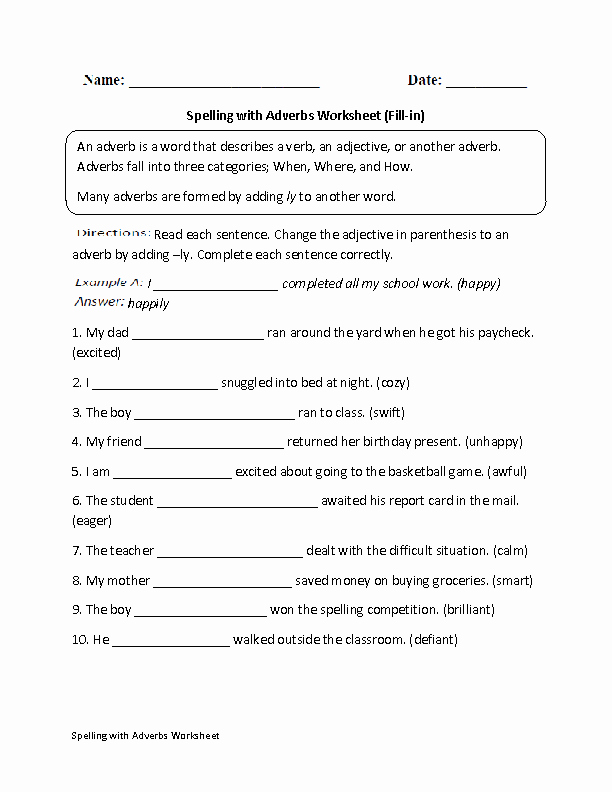 Free Pronoun Worksheets Fill In Spelling with Adverbs Worksheet