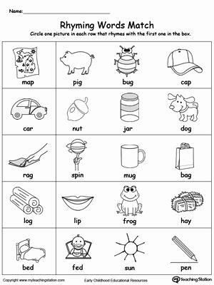 Free Rhyming Worksheets for Kindergarten Rhyming Words Match Rhyming Worksheets