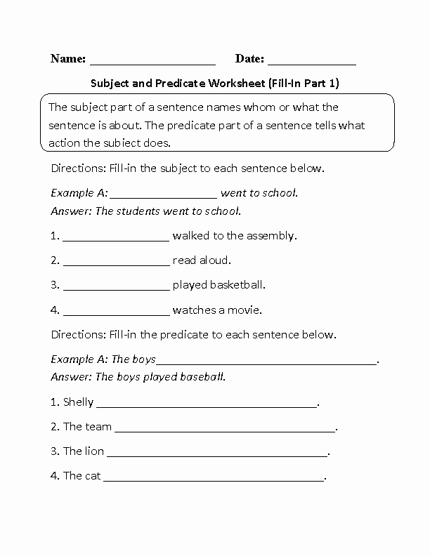Free Subject and Predicate Worksheets Subject and Predicate Worksheet Writing Part 1 Beginner