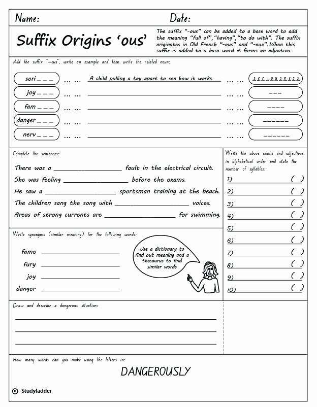 Free Suffix Worksheet Ous Worksheets Suffix Free Printable Ou Phonics Interactive
