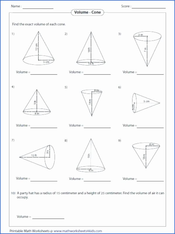 Geometry Word Problems Worksheets Volume A Cone Worksheet Worksheets Geometry Word Problems