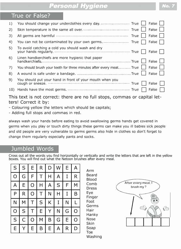 Germ Worksheets for First Grade Personal Hygiene Worksheets for Kids Free Health Grade