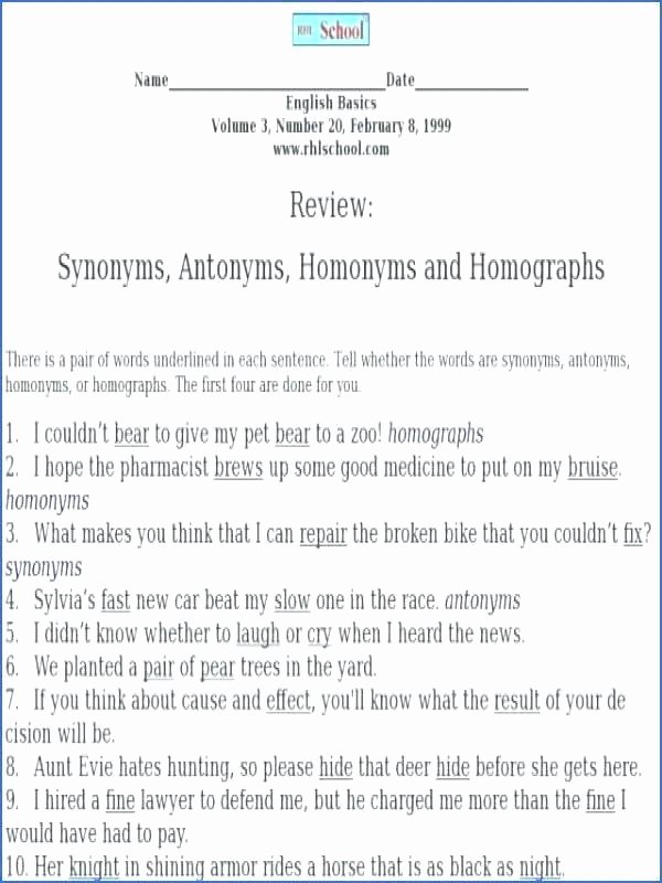 Homographs Practice Worksheets Homonyms Worksheets for Third Grade to Synonyms Antonyms