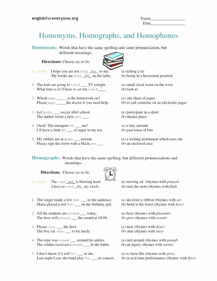 Homographs Practice Worksheets Printable Homophone Worksheets Homonyms for 5th Grade Middle