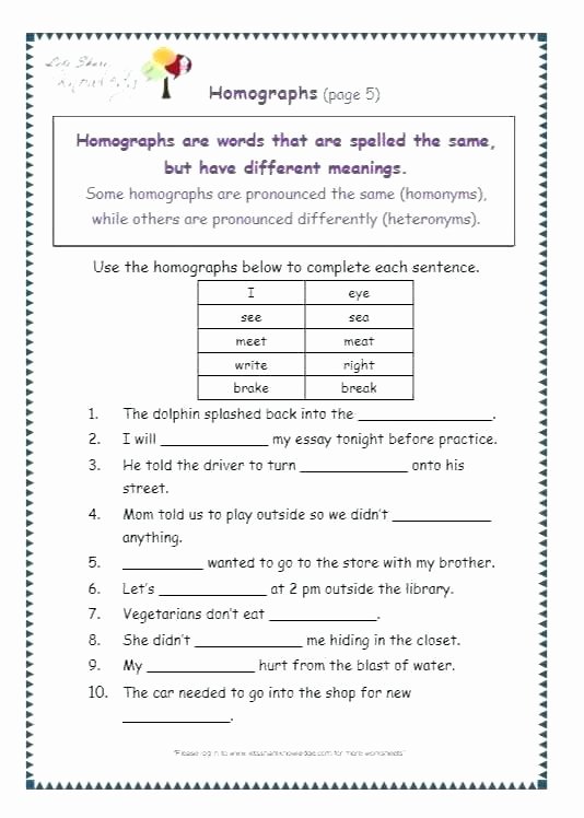 Homographs Practice Worksheets Synonyms Antonyms and Homonyms Worksheets