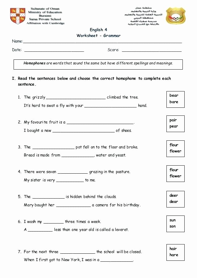 Homophone Worksheets 5th Grade Homophones Worksheet Worksheets 4 Grammar Name 5th