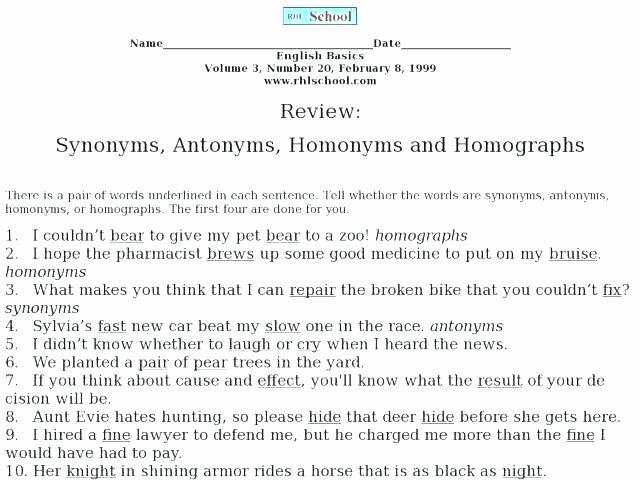 Homophones Worksheets 4th Grade Antonyms Worksheets for Grade 4 Synonyms and Antonyms