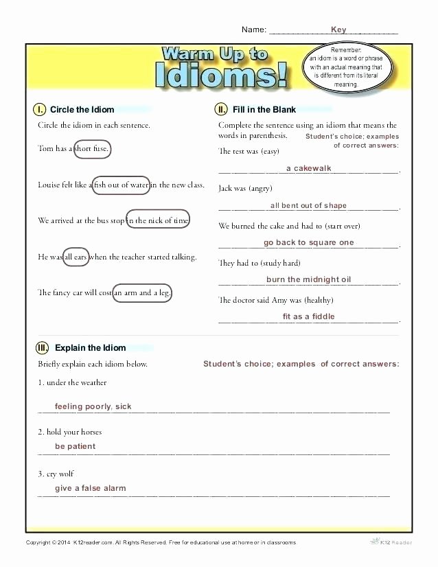 Idiom Worksheets for 2nd Grade Grade Language Arts Worksheets Writing 4th Free Figurative