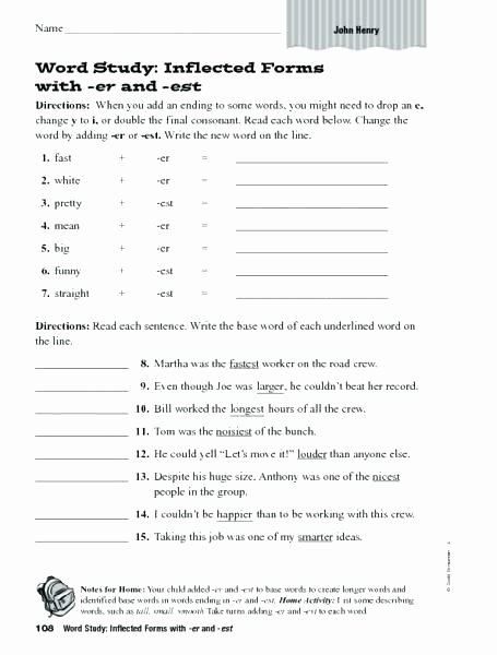 Inflected Endings Worksheets Suffix Adjectives with Er and Est Worksheets Printable