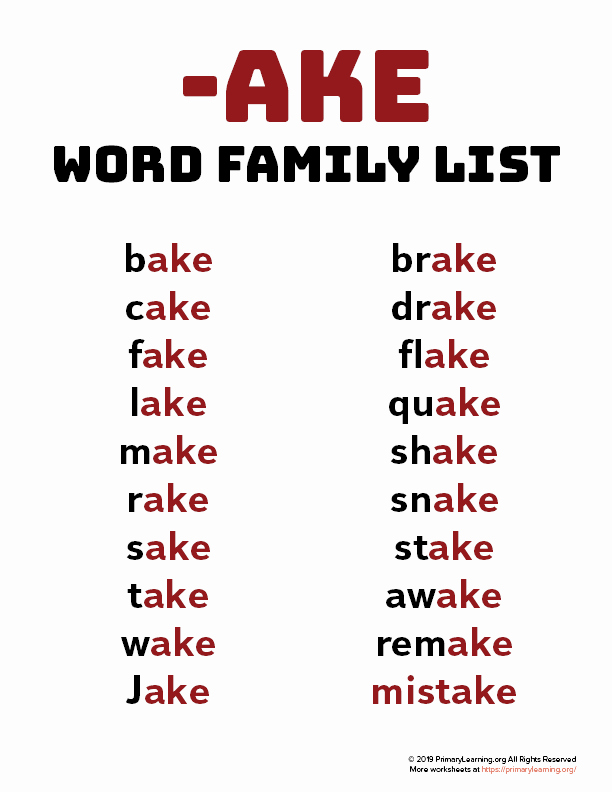 Ing Endings Worksheets Ake Word Family List