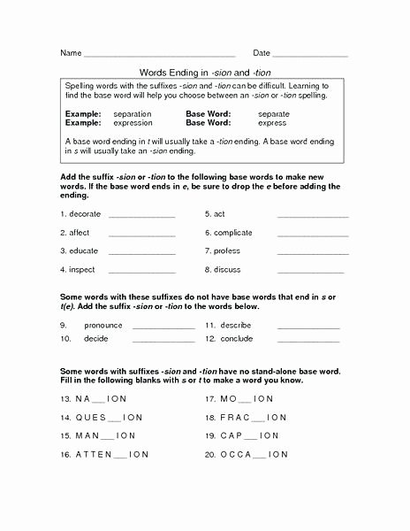 Ing Endings Worksheets Word Endings and Worksheet for Grade Lesson Tion Sion Ks2