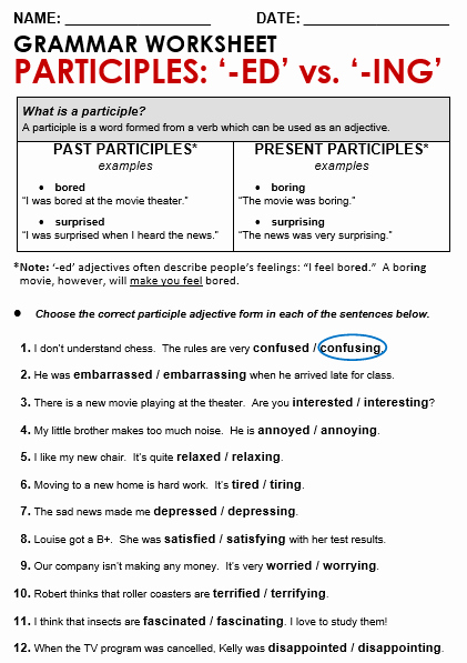 Ing Worksheets Grade 1 Inspirational Participle Adjectives Ed Vs Ing All Things Grammar