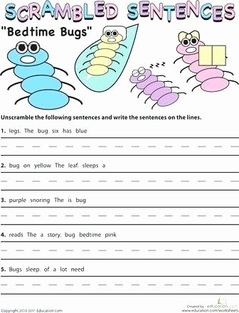 Insect Worksheets for First Grade Worksheets Scrambled Sentences Bedtime Bugs Sentence