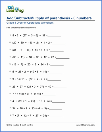 K5 Learning Math Grade 4 Grade 4 order Of Operations Worksheets Free and Printable