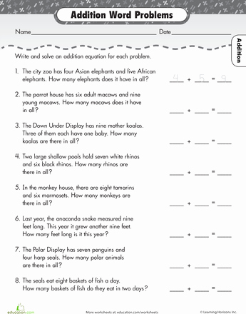 Kindergarten Addition Word Problems Worksheets Kids Word Problems Math Worksheets