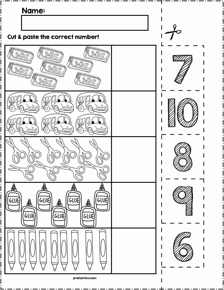Kindergarten Worksheets Cut and Paste Back to School Cut &amp; Match Worksheets Numbers 6 10