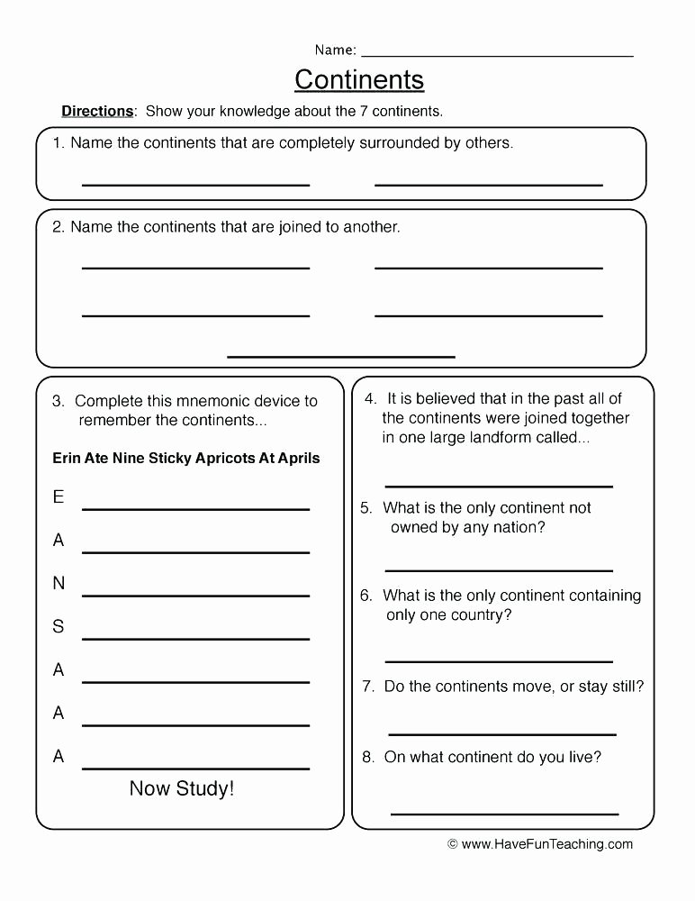 Landforms Worksheet for Kindergarten Continents Worksheet 1 Printable Worksheets Free Grade Landform