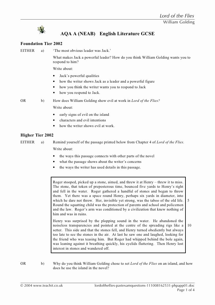 Lord Of the Flies Worksheets Essay Questions for Lord Of the Flies Parfu Kaptanband