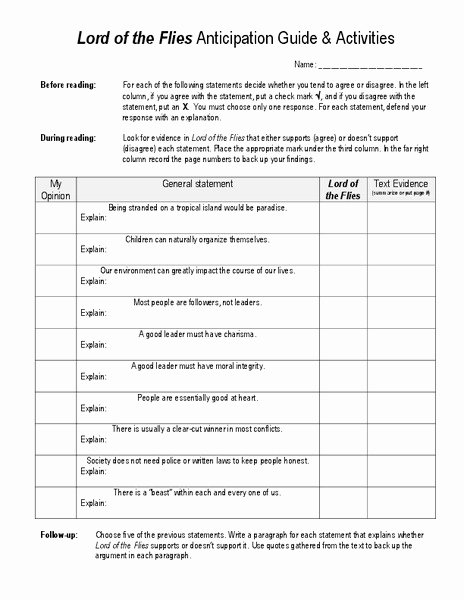 Lord Of the Flies Worksheets Lord Of the Flies Anticipation Guide and Activities
