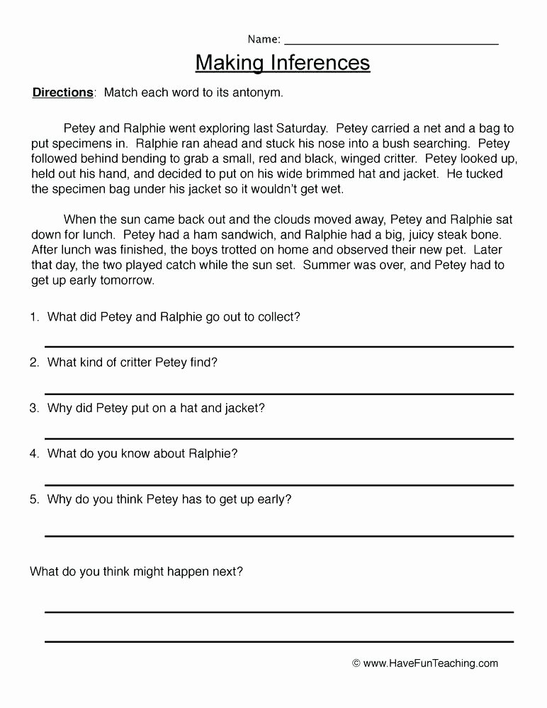 Making Inferences Worksheet 4th Grade Inferences Worksheet This is the Answer Key for the