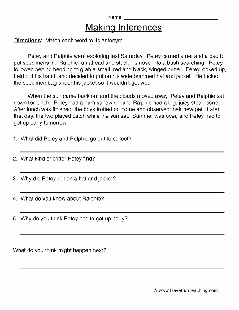 Inference Questions Worksheets