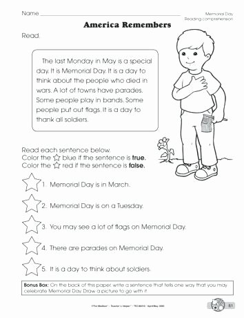Memorial Day Worksheets First Grade Memorial Day Reading Prehension Worksheets D by