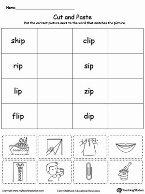 Middle sound Worksheet Ip Word Family Workbook for Kindergarten Literacy