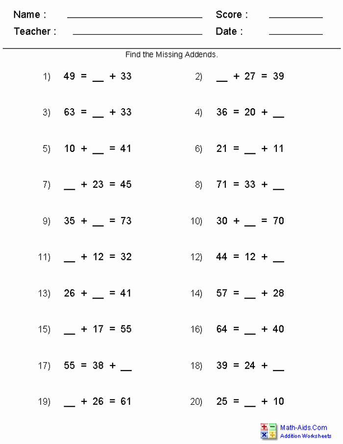 700 5 missing number worksheets 2nd grade missing addend different formats