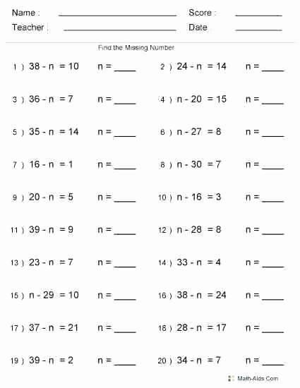 Missing Numbers In Equations Worksheet Math Worksheets Missing Numbers Subtraction Two Digit