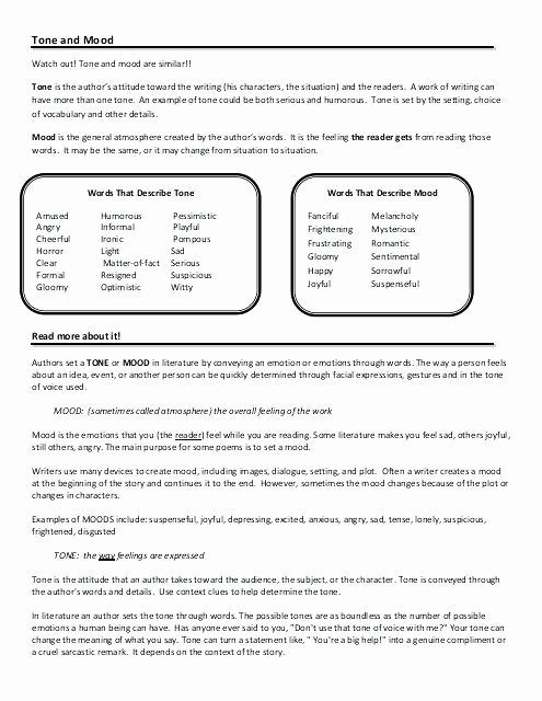 Mood and tone Practice Worksheets Mood Worksheets