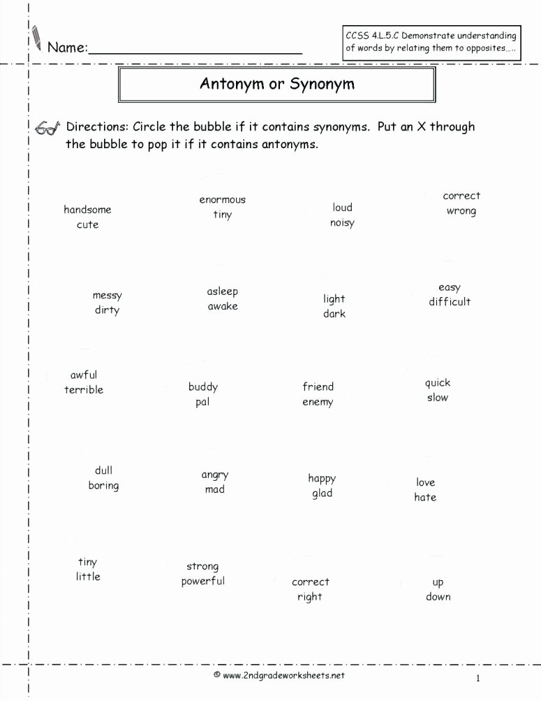 Opposites Worksheet for Kindergarten First Grade Synonyms Worksheet Synonym Antonym Worksheets