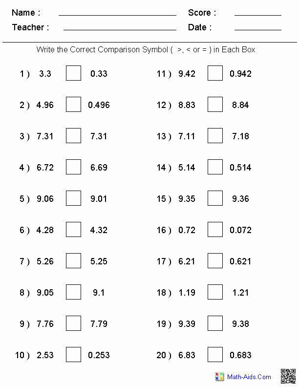 Ordering Decimals Worksheet 5th Grade Greater Than Less Than Worksheets Math Aids
