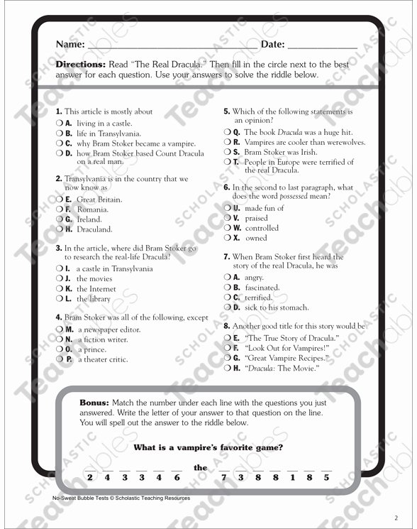 Oy Oi Worksheets the Real Dracula Nonfiction Passage and Short Test