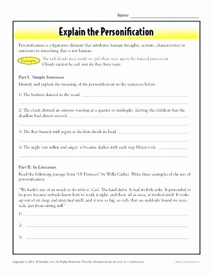 Personification Worksheet Answers Figurative Language Worksheets 6th Grade Explain the