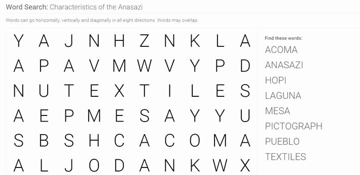 Pictogram Puzzles Printable Characteristics Of the Anasazi Word Search Puzzle Activity