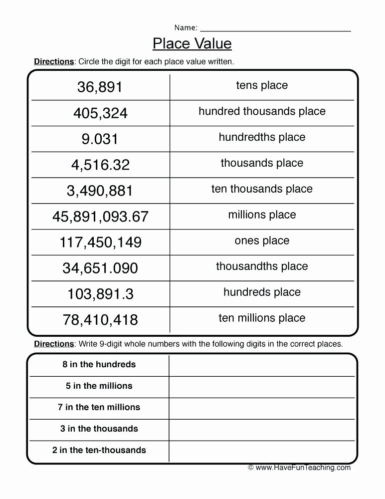 Place Value Worksheet 3rd Grade Place Value Review Worksheet Decimal Place Value Worksheets