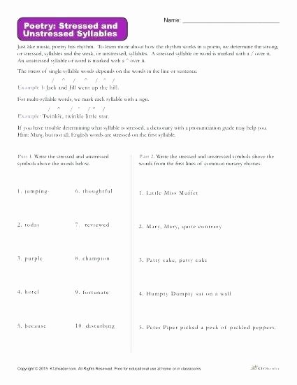 Poetry Practice Worksheets Poetry Stressed and Unstressed Syllables Worksheet About