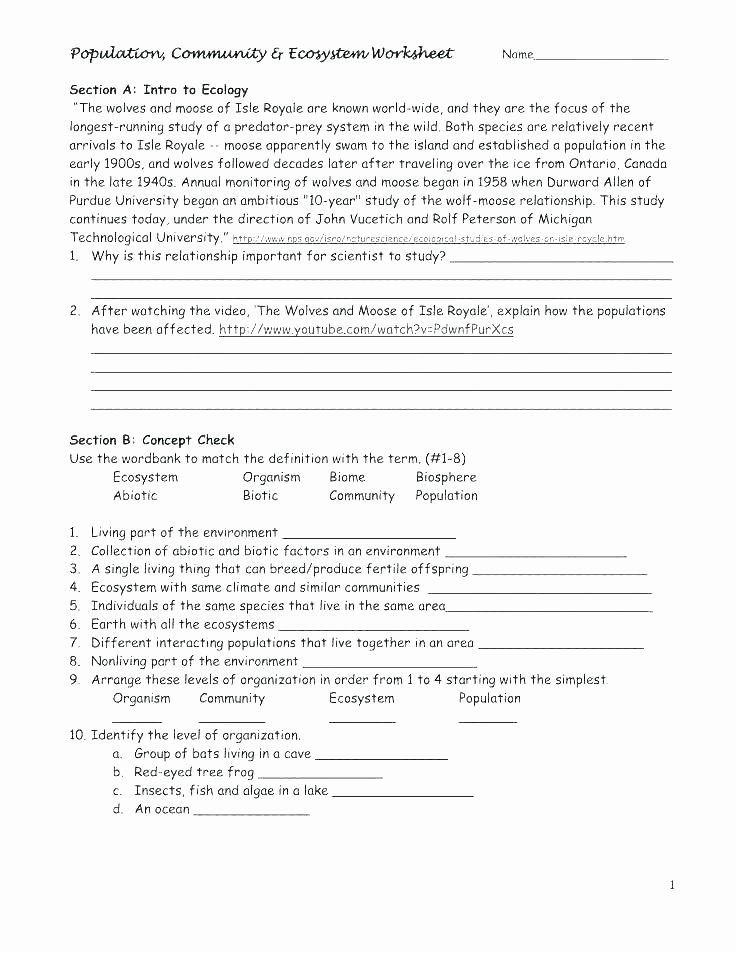 Populations and Communities Worksheet Answers Biological Levels Of organization Worksheets