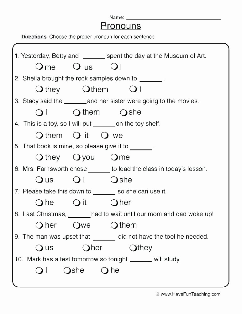 Possessive Pronoun Worksheet 3rd Grade Subjective and Objective Case Pronouns Worksheets