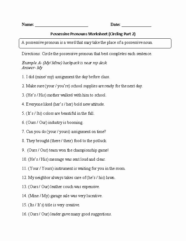 Possessive Pronoun Worksheets 5th Grade Grammar Worksheets for Grade 3 Nouns Inspirational Exercises