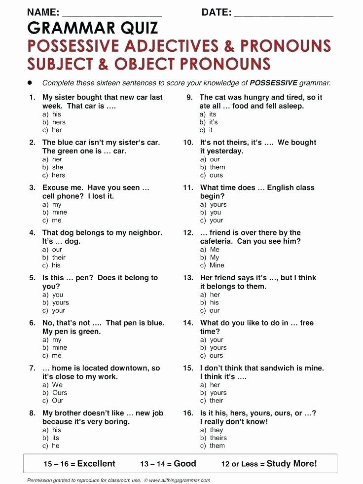 Possessive Pronouns Worksheet 5th Grade Free Subject and Object Pronoun Worksheets Pronouns Fifth G