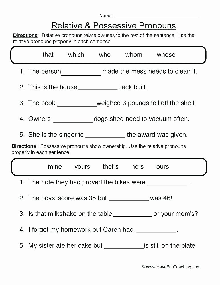 Possessive Pronouns Worksheet 5th Grade Homework Worksheets