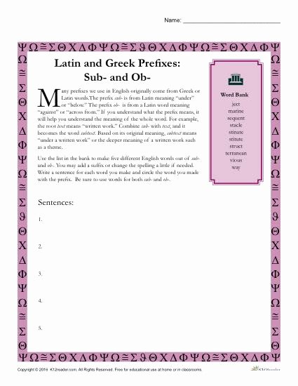 Prefix Worksheets 4th Grade Greek and Latin Prefixes Sub and Ob