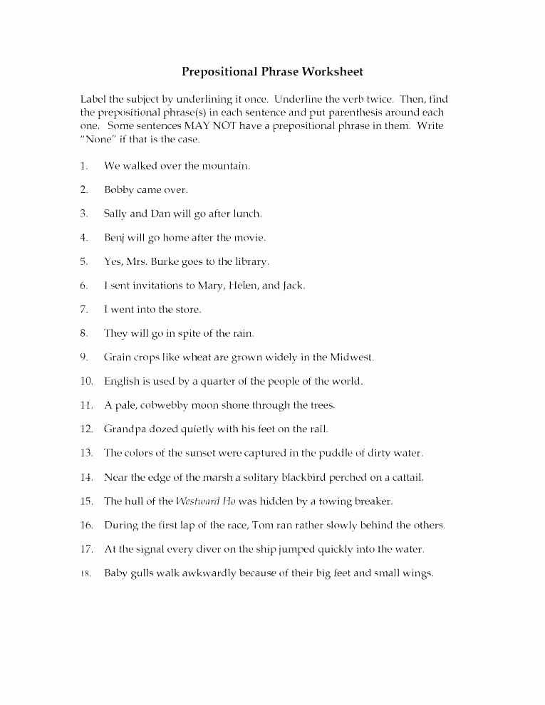 Preposition Worksheets for Grade 1 Prepositions 4th Grade Prepositional Phrases Worksheets