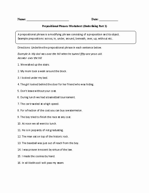 Prepositional Phrase Worksheet 4th Grade Using Ns Exercises N Worksheets Grade Practice Test