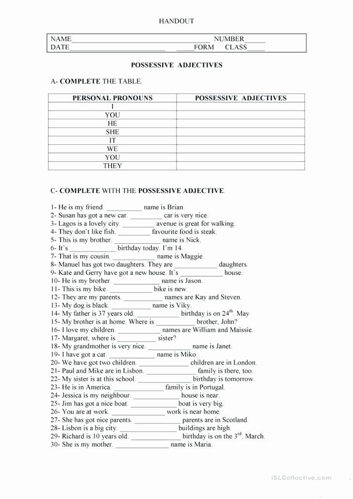 Printable Pronouns Worksheets Possessive Adjectives In Spanish Worksheets – Katyphotoart