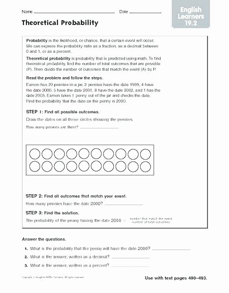 Probability Worksheet 5th Grade Worksheets theoretical and Experimental Probability