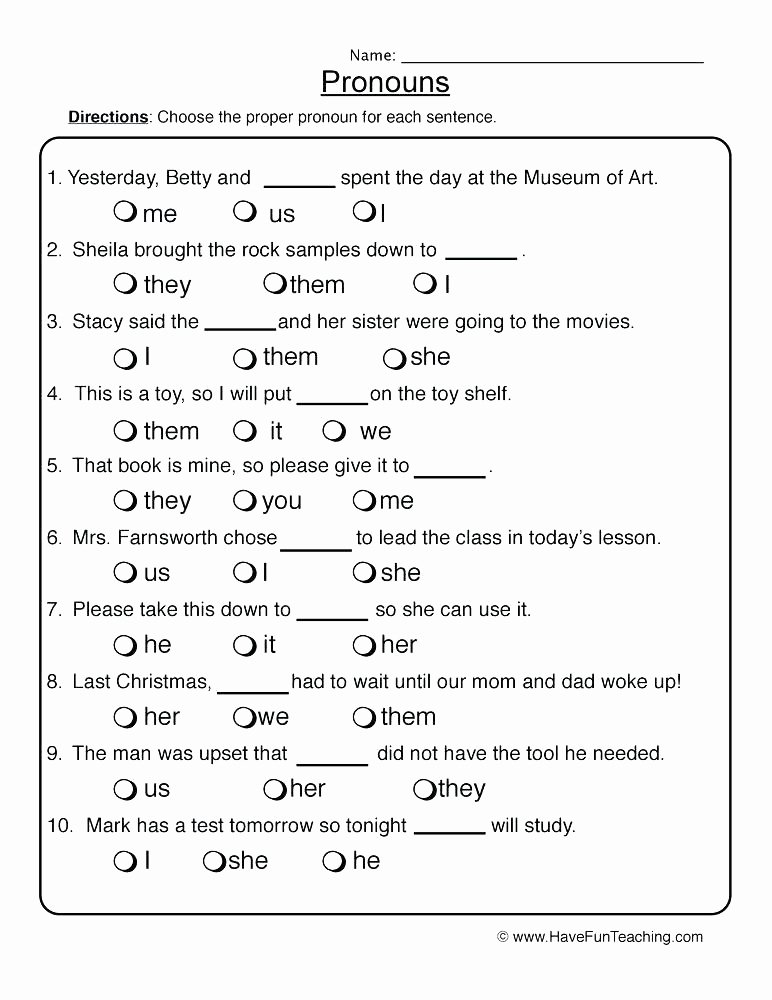 Pronoun Worksheet for 2nd Grade Subject and Object Pronouns Worksheet Unique Pronoun