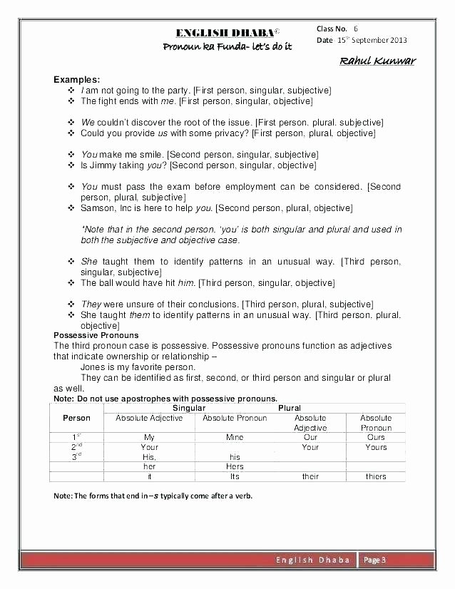 Pronoun Worksheet for 2nd Grade Subjective and Objective Case Pronouns Worksheets