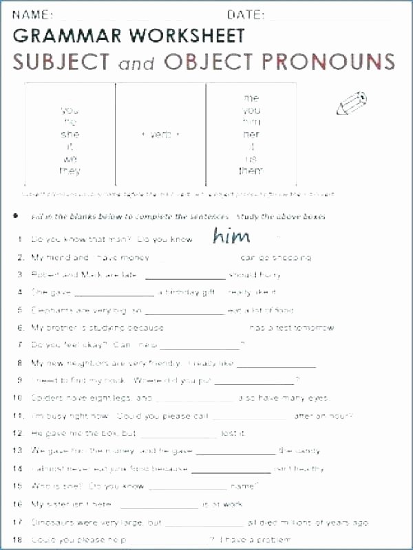 Pronoun Worksheets 6th Grade Free Subject and Object Pronoun Worksheets Pronouns Fifth G